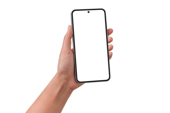 Hand holding smart phone isolated on transparent background.
 - Powered by Adobe