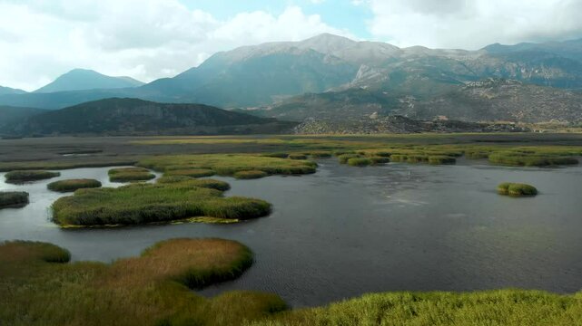 Aerial view of Stymphalia lake, located in the north-eastern part of the Peloponnese, in Corinthia, southern Greece, place where Hercules shot down the Stymfalian Birds according to the ancient myth.