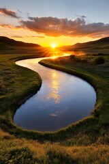 Obraz premium Serene Sunset Over Meandering River Golden Light, Lush Greenery