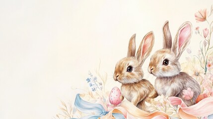Obraz premium Two rabbits surrounded by floral arrangement in a traditional easter card design with pastel colors