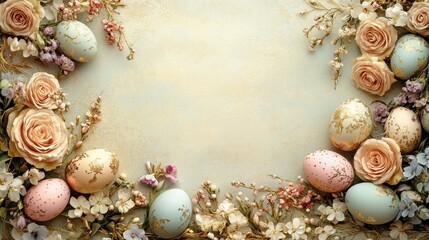 Obraz premium Floral frame with eggs and flowers for easter celebration greeting card design