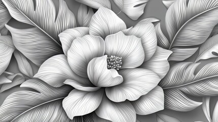 Black and white drawing of a flower with a leafy stem. The flower is large and has a lot of detail, including the petals and the center. The image has a serene and peaceful mood