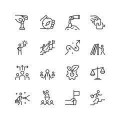 Proactive Leadership and Strategy, linear style icons set. Team climbing, decision-making, teamwork, goal achievement. Leadership, strategy, success, professional development. Editable stroke width