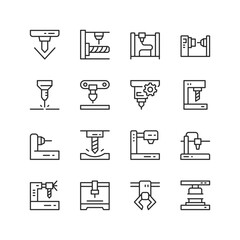 CNC Machine, linear style icons set. Milling machine, a lathe, a drill, a laser cutter, an industrial robot arm, and engraving machine. Editable stroke width