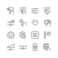 Control and Adjustment, linear style icons set. Setting, toggle switch, slider, hand adjusting, setting. Customization, configuration, system tuning, personalization options. Editable stroke width