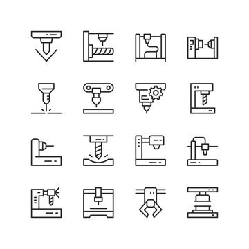 CNC Machine, linear style icons set. Milling machine, a lathe, a drill, a laser cutter, an industrial robot arm, and engraving machine. Editable stroke width