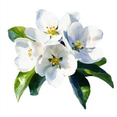Fototapeta premium White Blossoms with Green Leaves on a Bright Background