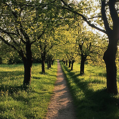 Beautiful view of a street with blooming cherry trees in spring