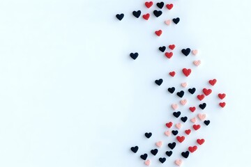 Naklejka premium Small red and black heart shapes scattered on white background creating curved pattern, minimalist romantic design for valentines cards and love concepts.