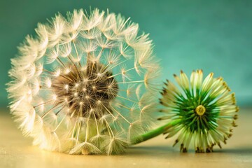 Tilt-Shift Dandelion Seeds & Flower: Botanical Photography, Nature Macro, Blue Background