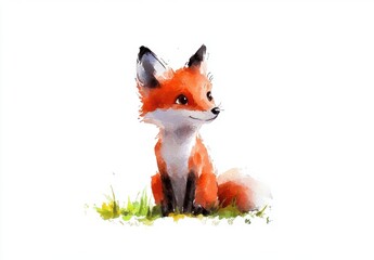 Obraz premium Cute Watercolor Fox Sitting on Grass with Bright Colors and Smiling