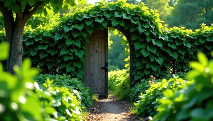 Overgrown garden gate with tangled vegetation, garden, organic, nature