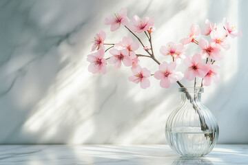 Pink Flowers In A Glass Vase On A White Surface