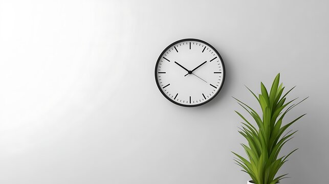 Clock showing time over plant near white wall office use