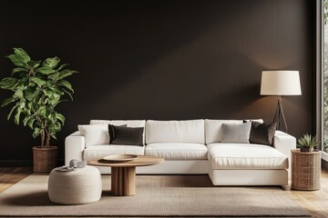 Fototapeta premium Modern living room with white sectional sofa, wooden coffee table, and dark wall.