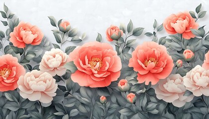 Coral and cream peonies floral border.