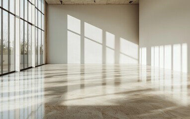 Fototapeta premium Empty Modern Industrial Loft with Polished Concrete Floor Large Windows and Sunlight Beams