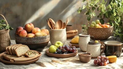 Rustic ceramic picnic set with earthy tones, surrounded by fresh fruits and sandwiches on a sunny day