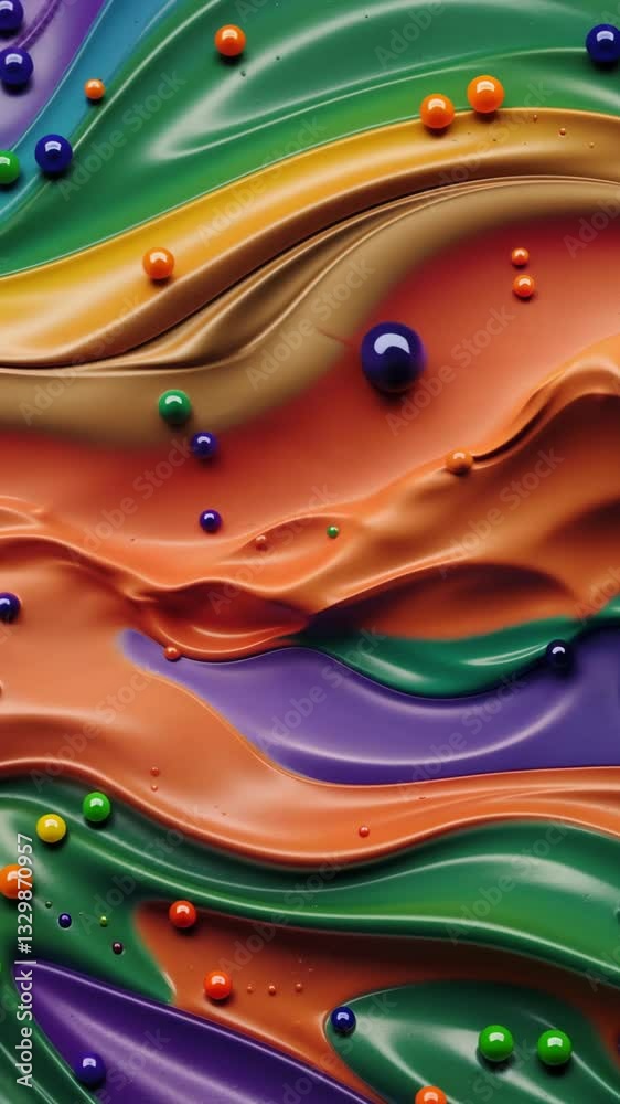Poster A colorful painting with many different colors and shapes. There are many small balls in the painting. The painting is very colorful and has a lot of detail