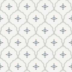 Retro flowers scallop seamless pattern. Floral daisy rustic retro endless wallpaper background for kitchen decor or textile design. Blue and beige calm colors.
