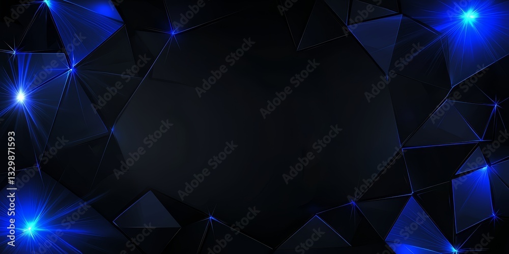Poster black background with blue shapes and a blue star. the blue shapes are arranged in a way that create