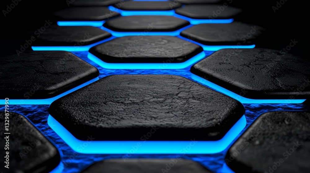 Fototapete Blue and black hexagonal pattern is lit up. The blue and black colors create a contrast that makes the pattern stand out. The pattern is arranged in a way that creates a sense of depth