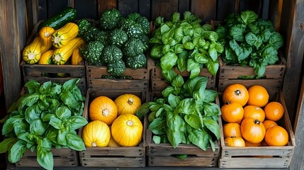 Fresh organic produce in rustic wooden crates featuring vibrant oranges, yellow squash, leafy basil and kale arranged in vintage market display style.