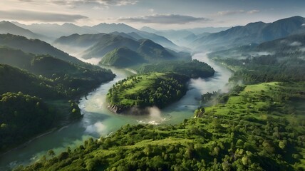 Obraz premium A vast valley nestled between towering, misty mountains, lush green forests blanket the slopes, a winding river flowing through the valley floor, thick fog clinging to the mountain peaks,