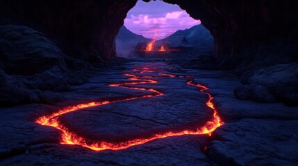 Molten path through a cave.  Volcanic landscape at twilight