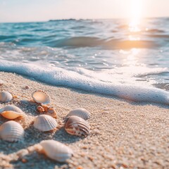 Obraz premium Shells on beach near ocean at sunset, warm sunlight