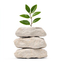 Fototapeta premium A small green plant grows from a stack of smooth, light-colored stones, symbolizing resilience and harmony with nature.