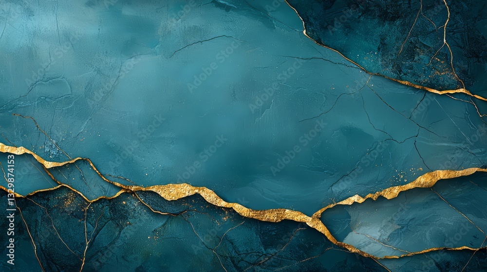 Poster blue and gold painting with a blue background and gold lines. the painting has a sense of depth and 
