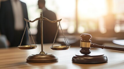 Justice scales and gavel on a wooden table in a blurred office background.