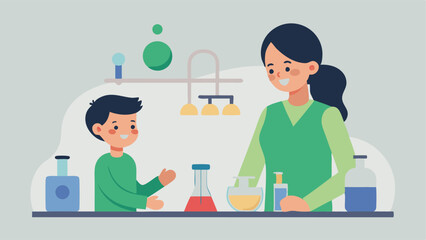 Joyful Mother's Day Science Experiment: Mom and Child's Fun Lab Adventure. Celebrate motherhood with this vibrant, flat-color illustration depicting a loving mother and her child  