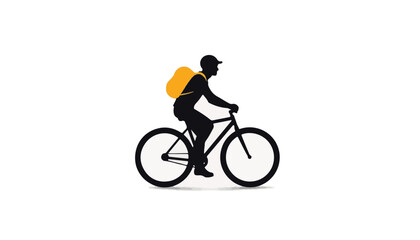 Naklejka premium Cyclist riding bike with yellow backpack against white background, freedom