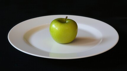 A Single Green Apple on a White Plate Against a Black Background