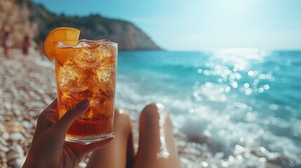 A glass with a drink in a woman's hand on the beach