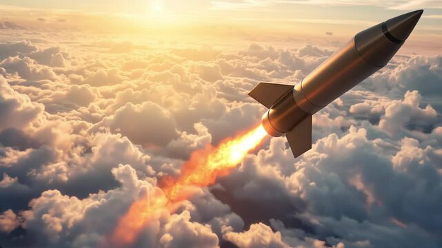 Ballistic missile flies above the clouds