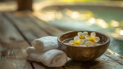 Fototapeta premium Serene Spa Setting Water Flowers and Towels