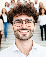 Obraz premium Smiling man with curly hair in front of a group on steps, wearing glasses and a white shirt.