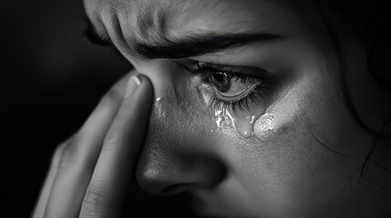 Fototapeta premium A person wiping tears away from their face, their eyes conveying both sadness and an unwavering resolve to improve their situation.