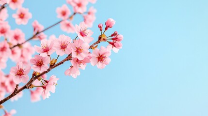 Naklejka premium A serene branch of pink cherry blossoms against a clear blue sky, symbolizing beauty and the arrival of spring.