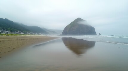 Serene Coastal Scene Misty Mountain Beach Houses and Ocean Waves