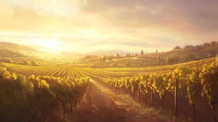 Fototapeta premium Golden Hour Vineyard Serene Rural Landscape at Sunset