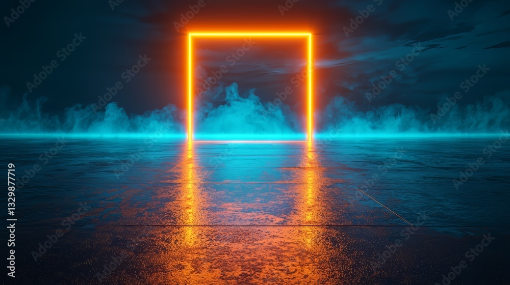 Aufkleber blue and orange lighted square is reflected in the water. the image has a futuristic and otherworldl