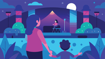 Naklejka premium Joyful Mother's Day Celebration: Mom and Child at a Modern Outdoor Concert, basking in the sunshine and enjoying the beautiful sounds of music together, creating lasting memories. 