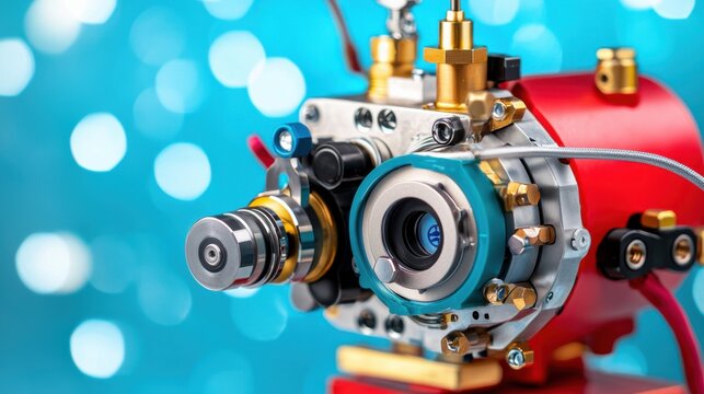 Inside the studio, a professional studio photographer captures an ultra-detailed hydrogen fuel cell with sharp details, set against a futuristic blue-lit background emphasizing clean 