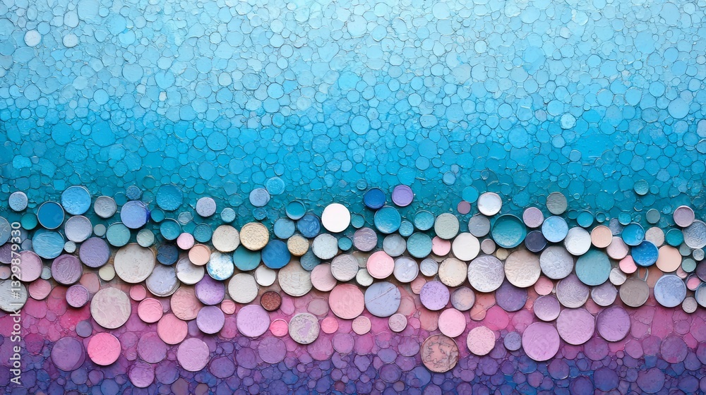 Aufkleber Blue and pink background with many small circles of different colors. The circles are arranged in a way that creates a sense of movement and energy. Scene is playful and whimsical