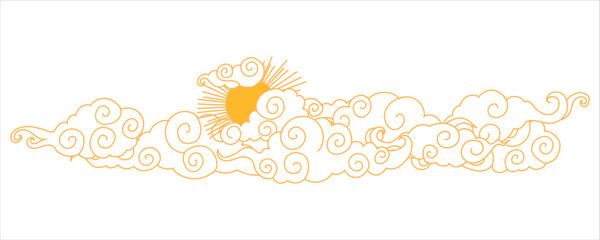 Tibetan sky. Blue Asian cloud with moon, sun and stars. Japanese Korean Chinese cloud style. Asian traditional ornaments. Border pattern. Vector illustration