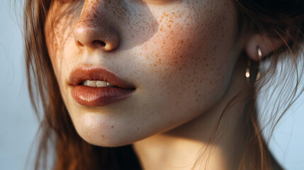 Obraz premium Close-up of caucasian young female with freckles in natural light.